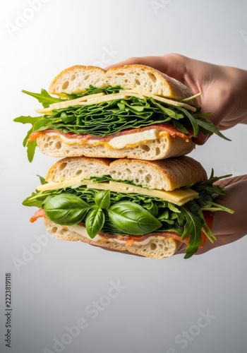 A gourmet toasted ciabatta sandwich filled with vibrant greens and melted cheese is held firmly against a clean, minimal studio backdrop, toasted, clean, deli