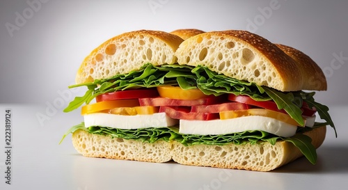 A gourmet focaccia sandwich featuring golden crusty bread, layered with bright green arugula, sliced heirloom tomatoes, and creamy mozzarella, cheese, meal, golden