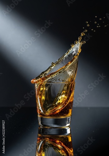 A golden liquid splashes into a crystal glass against a dark, minimalist background with dramatic shadows and sharp, modern reflections, modern, focus, night