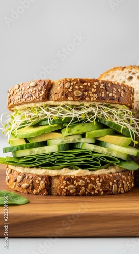 A delicious multi-grain sandwich stacked high with fresh spinach, cucumber slices, avocado, sprouts, and creamy hummus on a wooden board, healthy, culinary, gourmet