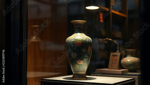 Antique shop window display featuring a cloisonne vase under a spotlight.