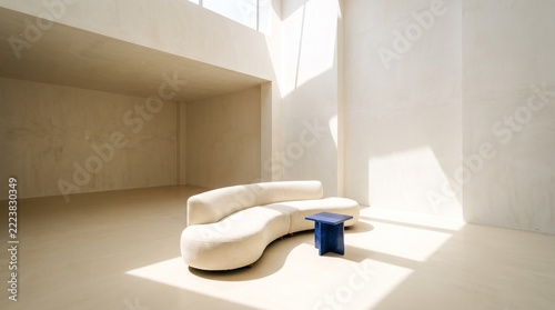 Minimalist sitting room featuring curved sofa and lapis blue side table with dramatic shadows