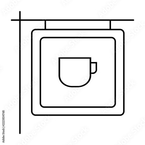 Hanging coffee shop signboard line icon illustration for cafe storefront sign, coffee shop logo board, and UI UX design