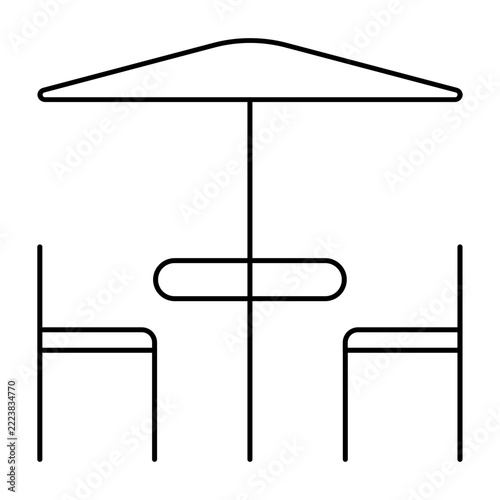 Outdoor cafe table with umbrella and chairs line icon illustration for patio seating, coffee shop terrace, and UI UX design