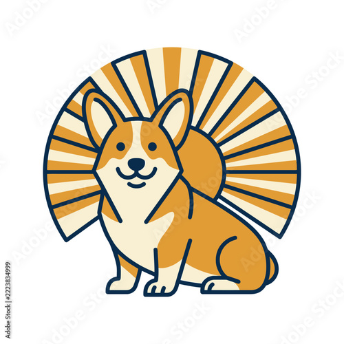 Corgi Dog Illustration Vector Icon with Vintage Sunburst Background