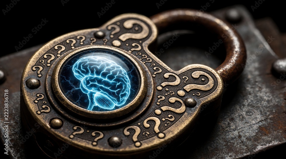 Obraz premium Close up of vintage metal padlock with glowing blue human brain inside. Ornate bronze lock features question marks pattern. Concept of mental health, psychology, intelligence subconscious mind