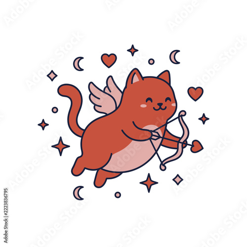 Cat Cupid Illustration Holding a Bow and Arrow with Hearts and Stars
