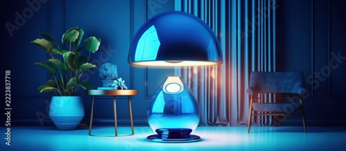 Modern interior with blue lighting and futuristic lamp creating a serene ambiance.