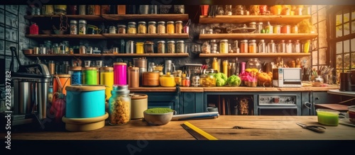 Vibrant Kitchen Interior with Shelves of Jars and Colorful Objects on Countertop.