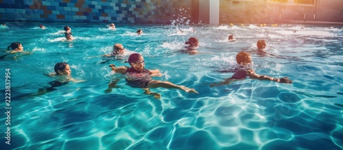 People Swimming in a Sparkling Blue Pool on a Sunny Day.