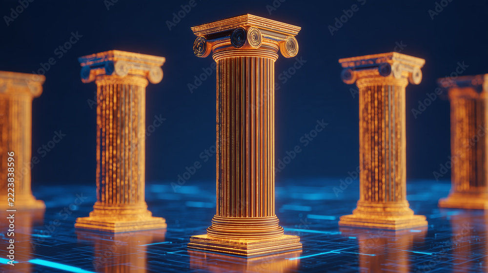 Fototapeta premium Glowing classical columns on a digital circuit surface represent institutional stability and the modernization of governance.