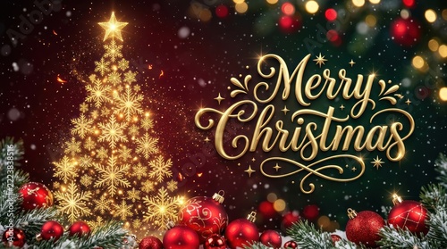 merry christmas banner featuring golden snowflake tree and bright red decorative balls