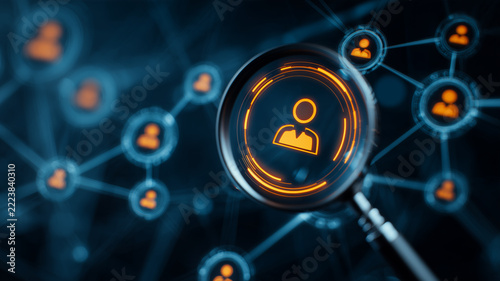 A magnifying glass highlighting a profile in a network of users represents candidate screening and professional talent discovery.