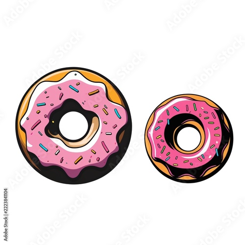 Two delicious glazed donuts with pink icing and colorful sprinkles