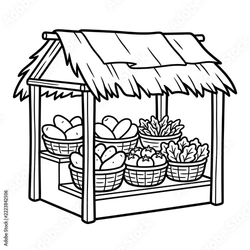 Traditional Nigerian Village Market Outline Illustration