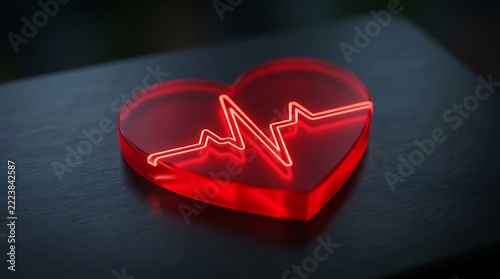 Red glass heart with a neon heart rate line glows vibrantly on a dark, textured surface.