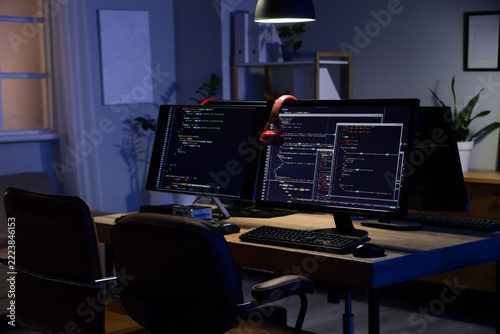 Software development and coding deadline, programmer workstation with multipl...