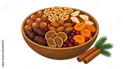 Flat Vector Christmas Dried Fruits and Nuts Bowl on White
