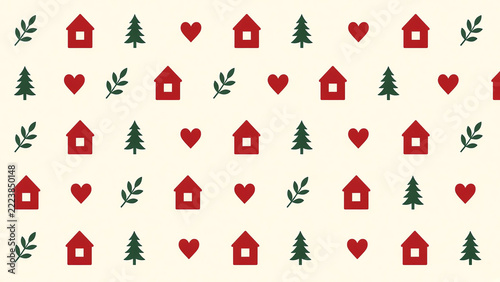 Scandinavian Christmas Pattern Red Houses Pine Trees Hearts Cream