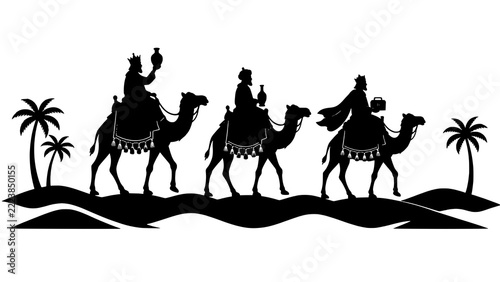 Black Silhouette Three Wise Men Riding Camels Epiphany Scene