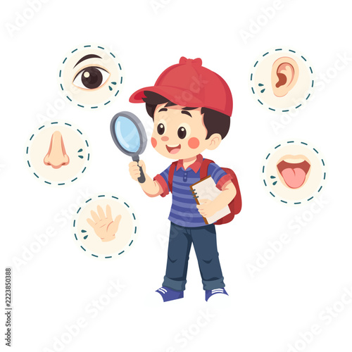 Child Exploring Five Senses With Magnifying Glass
