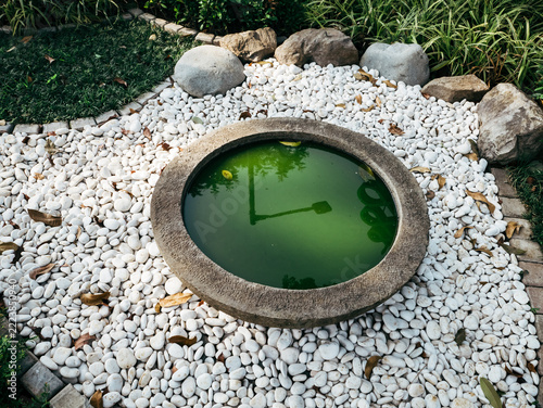 Beautiful Landscaped Garden with White Pebbles and Neglected Green Water Pond
