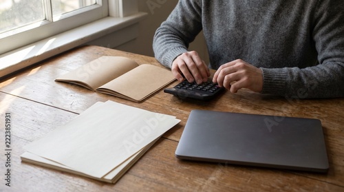 Business Owner Using Calculator and Laptop at Wooden Desk