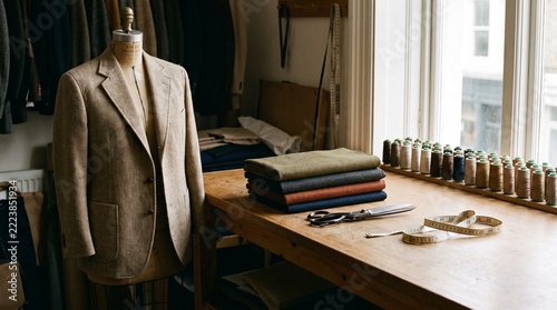 Tailoring Workshop Table with Mannequin Suit Jacket and Fabrics