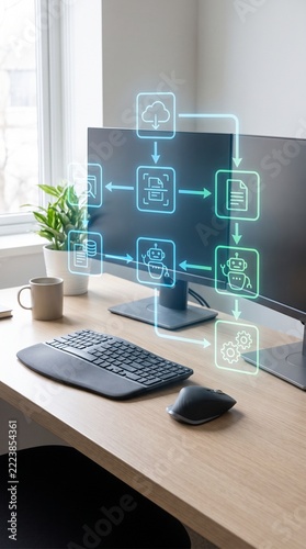 Digital Workflow Diagram Overlayed on Computer Monitor in Office Setting.