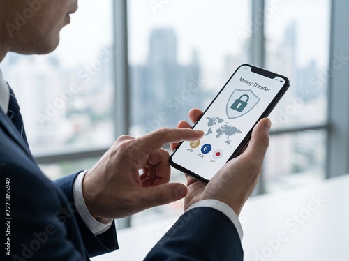 Man using smartphone with digital security interface and world map.
