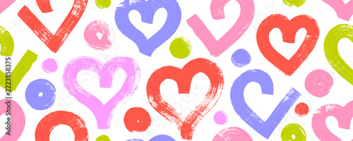 Colorful geometric hearts seamless pattern with dots. Hand drawn modern abstract banner background. Happy Valentines Day wrapping paper with bold brush drawn hearts and dots.