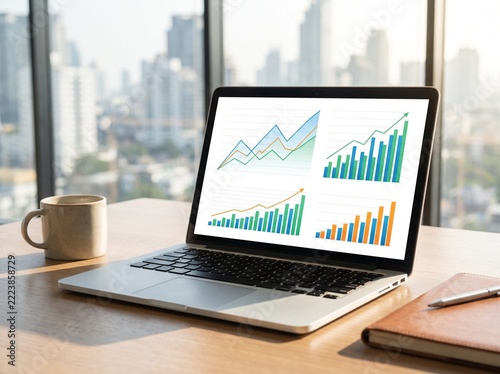 Laptop displaying financial charts and graphs on a desk with city view.