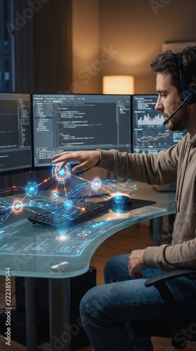 Man working on futuristic holographic interface with multiple computer screens.