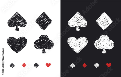 hand drawn doodle playing card suits symbols vector set