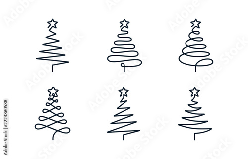 continuous line art christmas tree icon vector set