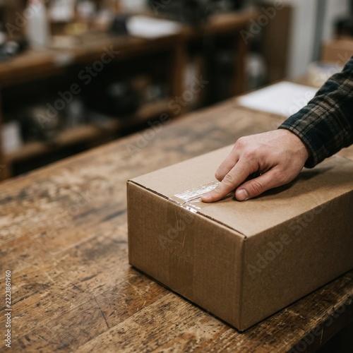 Hand sealing plain cardboard shipping box with tape