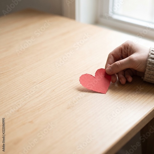Hand placing red paper heart on wooden desk