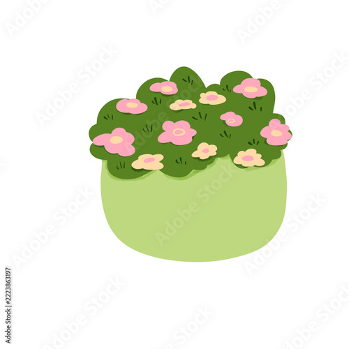 Cute Green Flower Pot Illustration With Pink Blossoms Pastel Botanical Plant