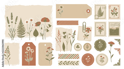 Collection of vintage botanical stationery elements with wildflowers and ferns.