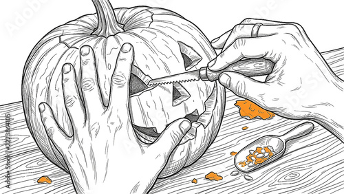 Adult Hands Carving Halloween Pumpkin