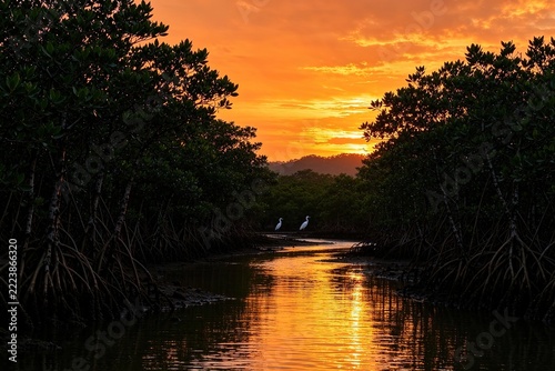 Mangrove Forest Channel at Sunset Two White Egrets Water Reflecting Orange Sky Tree Roots