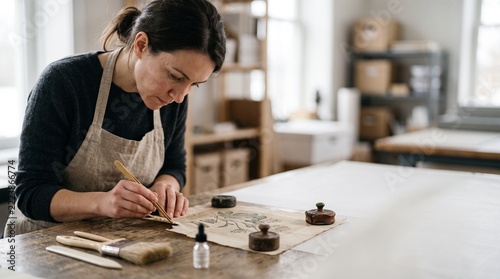 Woman conservator restoring antique art print in workshop