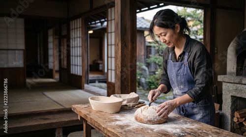 Asian woman scoring sourdough bread in a traditional Japanese home
