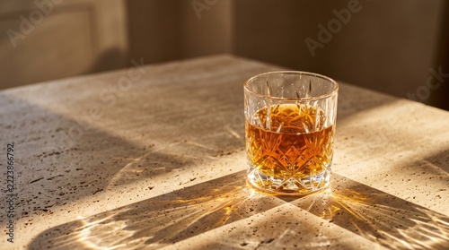 Whiskey in a crystal glass on a stone table in sunlight