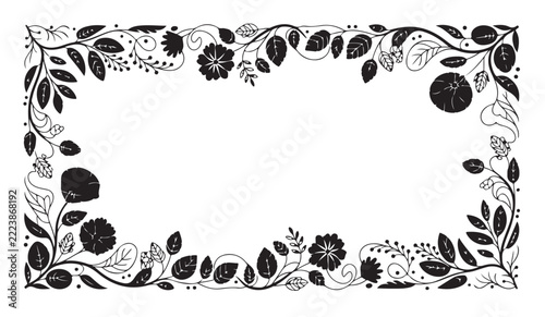 Floral border frame with black silhouette vines flowers and leaves on transparent background for decor.