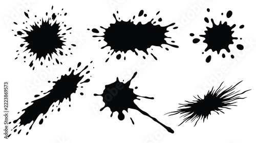 Set of black ink splashes, blots, and splatters