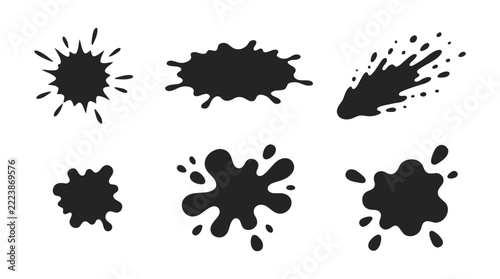 Set of black ink or paint splashes and blobs