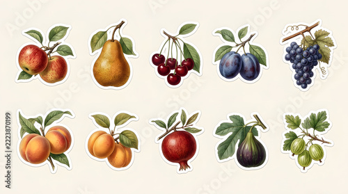 Vintage botanical fruit stickers set with apple pear plum grape peach apricot pomegranate and fig illustrations