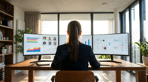 A professional working at a desk with multiple monitors displaying data charts in an office