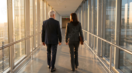Two business professionals walking through a modern glass corridor